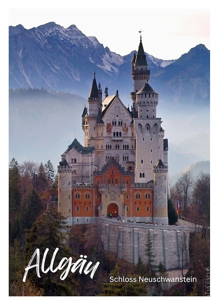 Schloss Neuschwanstein, erbaut ab 1869 für König Ludwig II. im neuromanischen Stil, ist eine der bekanntesten
Sehenswürdigkeiten Deutschlands bei Füssen im Allgäu.