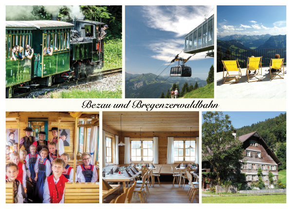 Wälderbähnle.
Mit der Museumsbahn und den Bergbahnen Bezau von Bezau
durch die Bergwelt des Bregenzerwaldes. Im Juppenwagen: Kinder der Trachtengruppe Andelsbuch.