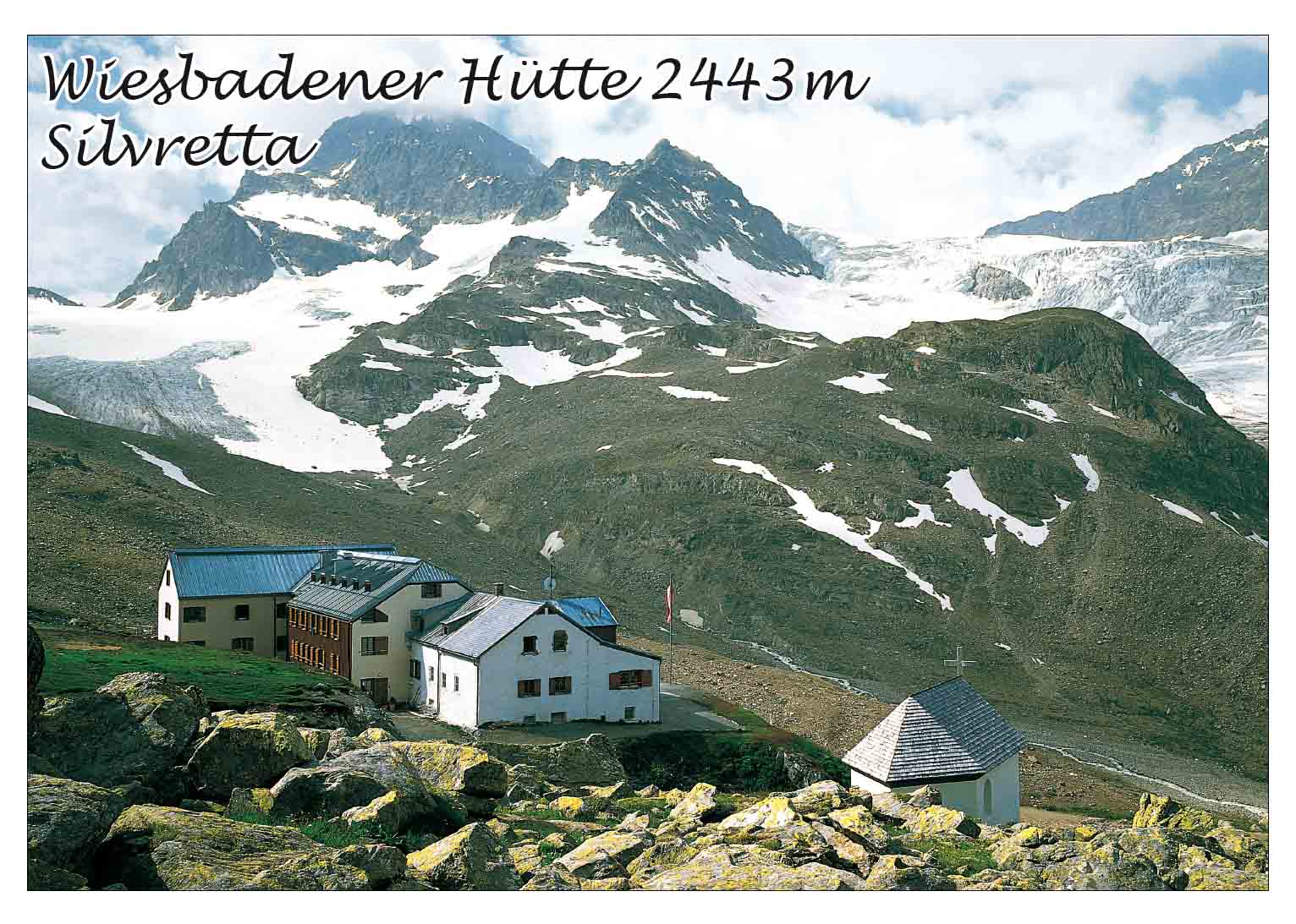 Silvretta Wiesbadener Hütte, 2433 m, mit Piz Buin, und Eisbruch vom Ochsentaler Gletscher, Vorarlberg, Österreich